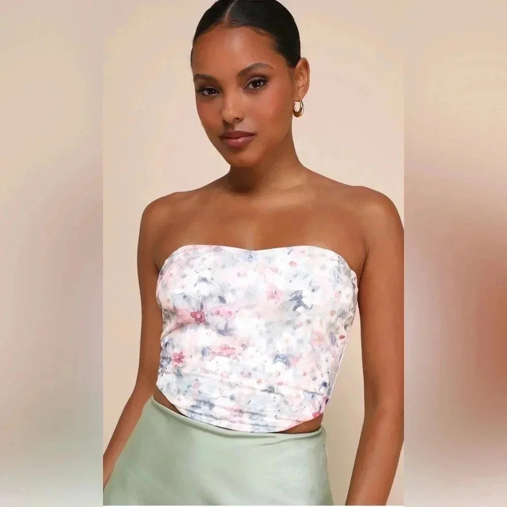 Lulus Certainty Blush Pink Floral Mesh Strapless Top